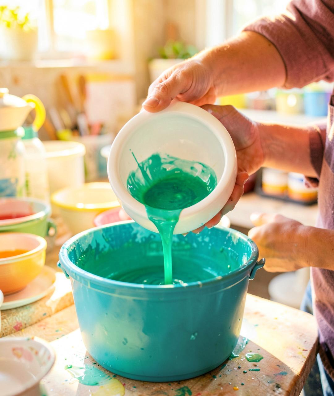 Hands dipping a white ceramic bowl into a vivid teal glaze bucket, colour blooming